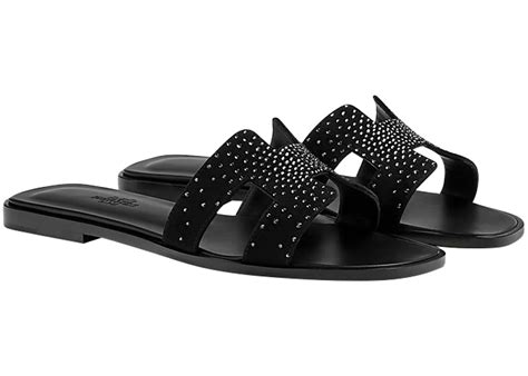 Hermes Oran Sandal Rhinestone Noir Suede Goatskin.